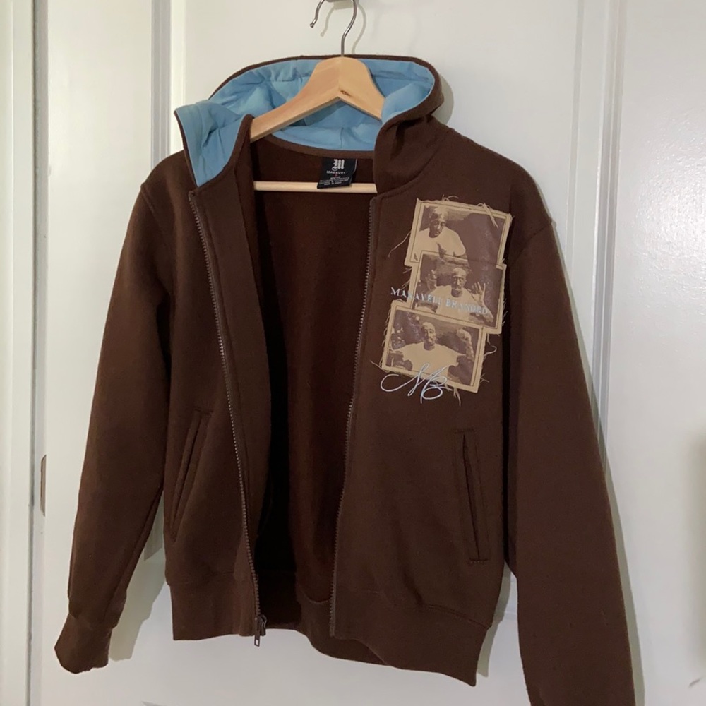 Brown jacket blue hood, embroidered Tupac
